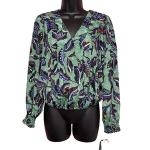 Democracy Leaf Print Small Top Surplice V-Neck Long Blouson Sleeve Overlap Front
